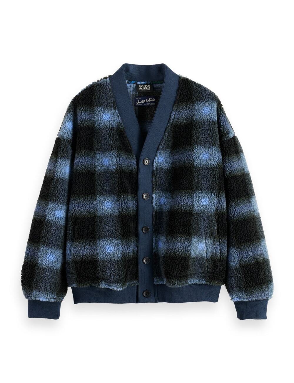 Scotch & Soda Degradé Plaid Polar Fleece Cardigan Thyme Blue/Black Large